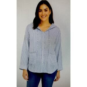 Tahari large Hoodie button up beach sail Coastal Blue White 100% Linen Nautical